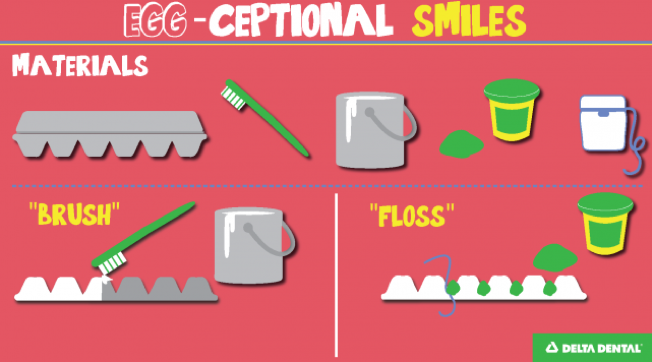 Create the simulation of plaque on teeth. Paint an egg carton white and apply playdough to the crevasses. Use a toothbrush and floss to show the impact they make on removing plaque, or play dough.