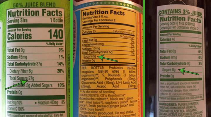 The sugar content in kombucha varies quite a bit depending on the brand. These three brands have 27 grams of sugar per serving, 6 grams of sugar per serving, and 8 grams of sugar per serving.